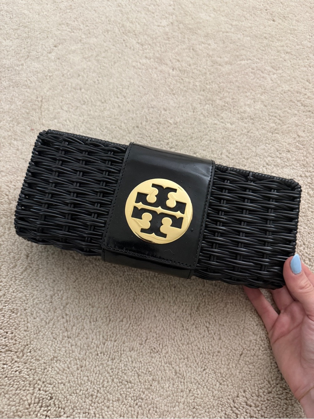 Tory Burch Black Woven Clutch with Gold Medallion